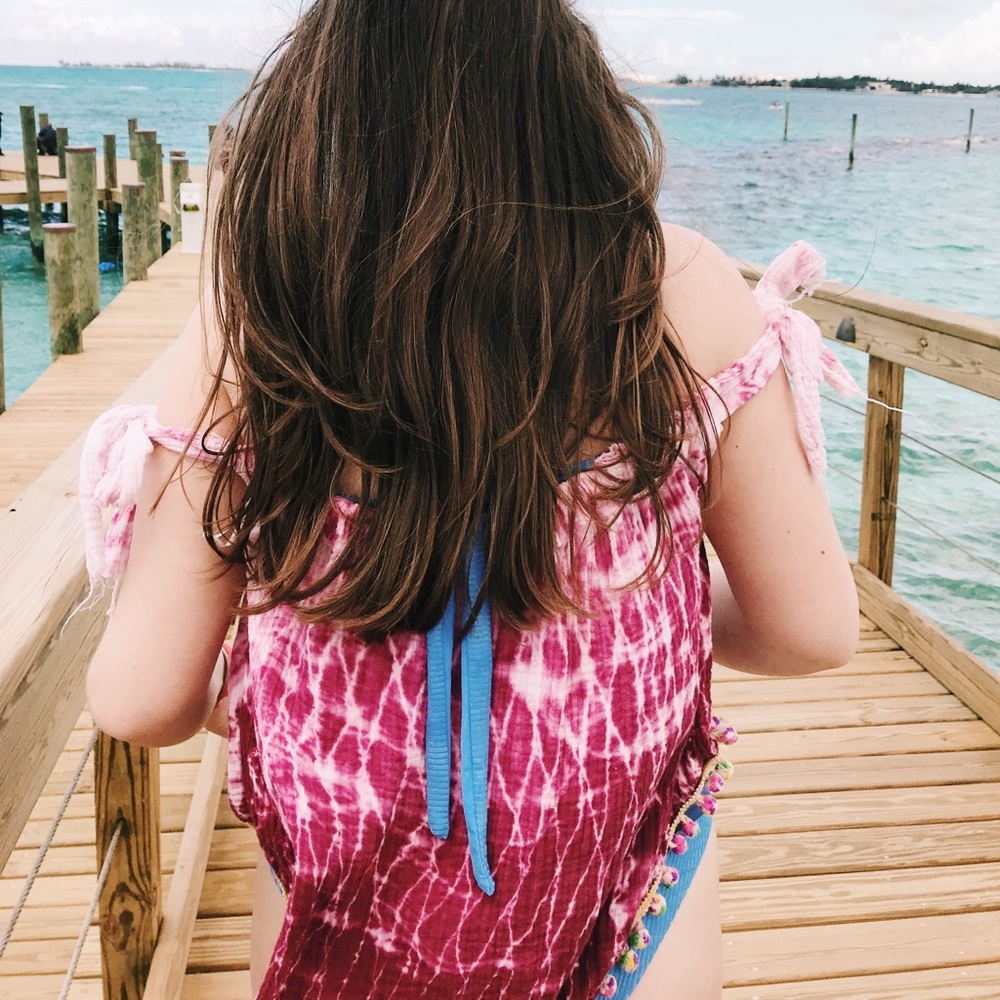 tie dye off the shoulder top with colorful pop pom